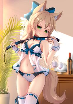 Rule 34 | 1girl, absurdres, animal ear fluff, animal ears, babydoll, bottle, bow, breasts, bridal gauntlets, brown hair, cleavage, collar, cup, drinking glass, female focus, fox ears, fox tail, gluteal fold, green eyes, hair bow, highres, hotel01, long hair, navel, original, panties, plant, potted plant, ribbon, riding crop, smile, solo, tail, thigh gap, thighhighs, thighs, underwear, underwear only, white babydoll, white panties, white thighhighs, wine bottle, wine glass