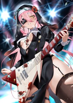 1girl absurdres black_dress black_panties black_thighhighs black_veil blood blood_splatter blush breasts center_opening cowboy_shot dress electric_guitar eyepatch flower guitar hair_flower hair_ornament highres instrument long_hair long_sleeves looking_at_viewer medium_breasts music nun original oxygen_mask_(oxygenmask233) panties pink_hair playing_instrument red_flower red_rose rose side_slit smile solo thighhighs torn_clothes torn_thighhighs underwear veil yellow_eyes