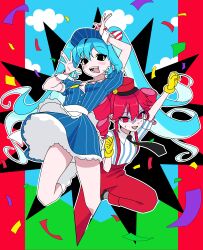 Rule 34 | 2girls, absurdres, arm up, black eyes, black necktie, blue hair, clenched hands, collared shirt, dress, drill hair, frilled dress, frills, gloves, hand up, hat, hatsune miku, highres, jumping, kasane teto, long hair, looking at viewer, m psycho 83, mesmerizer (vocaloid), multiple girls, necktie, open mouth, pants, pink eyes, pink hair, pink hat, pink pants, shirt, smile, striped clothes, striped shirt, suspenders, twin drills, twintails, utau, very long hair, vocaloid, wrist cuffs, yellow gloves