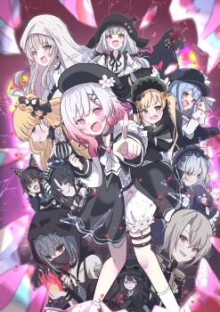 6+girls animal_ear_headphones animal_ears aqua_eyes beret bird_hat_ornament black_capelet black_choker black_dress black_flower black_gloves black_hair black_hat black_hood black_mask black_rose blonde_hair blue_dress blue_hair blue_hairband bow broken_glass capelet choker commentary cross cross_earrings deerstalker dress earrings everyone fake_animal_ears fang fire flower frilled_dress frills giorgio_(yo_sumire_sola1) glass gloves gothic_lolita gradient_hair green_bonnet green_eyes hair_ornament hair_over_one_eye hairband hasumi_leia hat hat_flower headphones heterochromia highres hikami_meruru hime_cut housho_margo jewelry jogasaki_noah kurobe_nanoka lolita_fashion lolita_hairband long_hair looking_at_viewer mahou_shoujo_no_majo_saiban multi-tied_hair multicolored_hair multiple_girls natsume_an-an nikaido_hiro o-ring o-ring_thigh_strap open_mouth orange_eyes orange_streaks pink_eyes pink_hair pointing polka_dot polka_dot_bow purple_eyes pyrokinesis red_eyes red_flower rose saeki_miria sakuraba_ema sawatari_coco sharp_teeth shito_alisa short_hair smile tachibana_sherry tearing_up teeth thigh_strap tono_hanna twintails veil white_flower white_hair white_veil x_hair_ornament yellow_flower yellow_rose