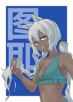 1girl alternate_costume animal_ears arknights bags_under_eyes bare_shoulders bikini blue_background blue_bikini breasts camel_ears camel_girl commentary_request dark-skinned_female dark_skin grey_hair grin hair_between_eyes highres holding holding_own_hair iroiro_yaru_hito long_hair looking_at_viewer purple_eyes small_breasts smile solo swimsuit tuye_(arknights)