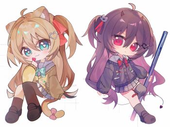 Rule 34 | 2girls, :<, :3, ahoge, animal ear fluff, animal ears, aqua bow, aqua bowtie, asymmetrical legwear, bandaid, bandaid on knee, bandaid on leg, black cardigan, black skirt, black socks, blue eyes, blue serafuku, blue skirt, blush, bow, bowtie, broken heart, broken heart hair ornament, brown hair, buttons, cardigan, cat ears, cat tail, chibi, chibi only, closed mouth, collared shirt, commentary, demon horns, demon tail, english commentary, evil neuro-sama, hair between eyes, hair ornament, hair ribbon, hairclip, heart, heart-shaped pupils, heart hair ornament, highres, holding, holding lead pipe, horns, lead pipe, loafers, long hair, long sleeves, looking at viewer, multiple girls, neuro-sama, pinkpink939, pocket, red bow, red bowtie, red eyes, red ribbon, ribbon, school uniform, serafuku, shirt, shoes, skirt, skull hair ornament, smile, socks, symbol-shaped pupils, tail, tail ornament, tail ribbon, twitter username, two side up, uneven legwear, vedal ai, very long hair, virtual youtuber, watermark, white background, white shirt, yellow cardigan