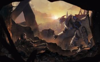 1boy 1girl alien black_hair character_request check_character check_copyright commander_shepard commander_shepard_(female) commentary copyright_request feet_out_of_frame foot_out_of_frame garrus_vakarian hashtag-only_commentary highres light_particles looking_at_another lying mass_effect_(series) medium_hair on_back outdoors parted_lips ruins sky spacesuit standing sunlight tworain_w yellow_sky