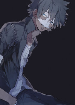 Rule 34 | 1boy, black background, black jacket, blue eyes, boku no hero academia, commentary request, dabi (boku no hero academia), hair between eyes, hands in pockets, highres, jacket, long sleeves, looking at viewer, male focus, open clothes, scar, scar on arm, scar on face, short hair, simple background, solo, tokoame, upper body