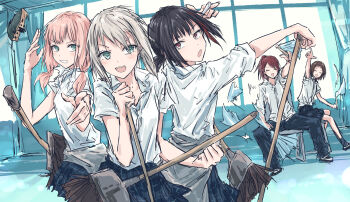 5girls :d ^_^ afterglow_(bang_dream!) aoba_moca aqua_eyes bang_dream! bang_dream!_girls_band_party! black_hair blue_pants blue_skirt broom brown_hair chair chestnut_mouth closed_eyes collared_shirt commentary dress_shirt grey_hair grin hazawa_tsugumi highres holding holding_broom indoors low_ponytail low_twintails medium_hair miniskirt mitake_ran multicolored_hair multiple_girls on_chair open_collar open_mouth pants pink_hair plaid_clothes plaid_skirt pleated_skirt ponytail red_hair red_streaks shirt short_ponytail short_sleeves short_twintails sitting skirt smile streaked_hair teeth twintails udagawa_tomoe uehara_himari upper_teeth_only v-shaped_eyebrows white_shirt window yukitake_(bullfalk)