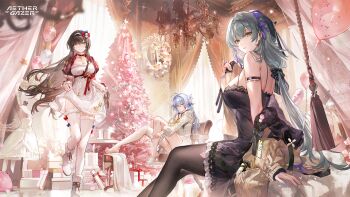 3girls aether_gazer arm_strap artist_request balloon black_bow black_dress black_hair black_pantyhose blue_bow boots bow box braid breasts chandelier character_request christmas_ornaments christmas_tree cleavage copyright_name dress earrings fur-trimmed_boots fur-trimmed_thighhighs fur_trim gift gift_box glasses grey_hair hair_bow hair_intakes hair_ornament hairband highres jewelry long_hair mannequin merry_christmas multiple_girls official_art pantyhose red_bow second-party_source sitting skirt_hold slippers tassel thighhighs white_boots white_dress white_hairband white_thighhighs yellow_bow yellow_eyes