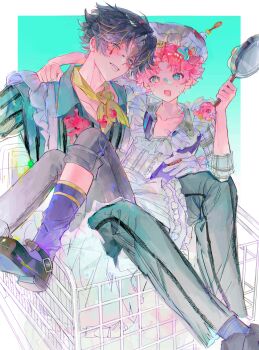 2boys :d absurdres apron aqua_eyes aqua_pants arm_around_neck asymmetrical_legwear black_hair blonde_streaks couple crossdressing crossdressing_(mtf) frilled_apron frilled_shirt frills grey_pants heterochromia highres holding_pan identity_v looking_at_viewer maid maid_apron male_focus male_maid mike_morton mike_morton_(cocoa_bean) multiple_boys neckerchief norton_campbell norton_campbell_(jarhead) official_alternate_costume open_mouth pants pink_hair plaid_clothes plaid_shirt shirt shopping_cart sitting sitting_on_lap sitting_on_person smile smirk stained_clothes star-shaped_pupils star_(symbol) striped_clothes striped_shirt symbol-shaped_pupils teardrop_facial_mark unconventional_maid uneven_legwear xiaomianduoshao yaoi yellow_neckerchief