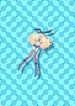 Rule 34 | 1girl, absurdres, anatomical nonsense, black hairband, black neckerchief, black panties, blonde hair, blue background, blue sailor collar, blue skirt, checkered background, commentary, crop top, daichi (daiti1318), elbow gloves, floating, from above, gloves, grey eyes, hairband, highleg, highleg panties, highres, kantai collection, long hair, looking at viewer, microskirt, miniskirt, neckerchief, optical illusion, panties, pleated skirt, primrose field illusion, sailor collar, shadow, shimakaze (kancolle), shirt, skirt, sleeveless, sleeveless shirt, smile, solo, striped clothes, striped thighhighs, thighhighs, underwear, white gloves