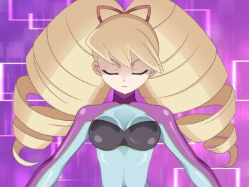 1girl blonde_hair bodysuit bow breasts cleavage closed_eyes drill_hair em_wave_change_(mega_man) hair_bow henshin k0n0n long_hair luna_platz_(mega_man) mega_man_(series) mega_man_star_force_(series) mind_control multicolored_bodysuit purple_background queen_ophiuca_(mega_man) twin_drills two-tone_bodysuit very_long_hair