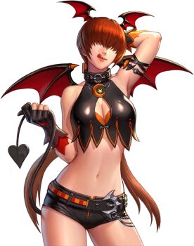 1girl bat_wings breasts cleavage_cutout clothing_cutout female_focus halloween halloween_costume huge_breasts large_breasts long_hair red_hair shermie_(kof) shorts standing tail the_king_of_fighters the_king_of_fighters_all-stars thick_thighs thighs tongue tongue_out twintails wings