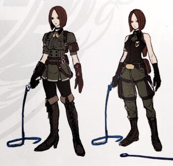 1girl boots breasts brown_eyes brown_hair curvy earrings gloves heel_up jewelry large_breasts leather leather_gloves military pale_skin pants short_hair skirt sleeveless standing tank_top the_king_of_fighters thick_thighs thighs whip whip_(kof) wide_hips