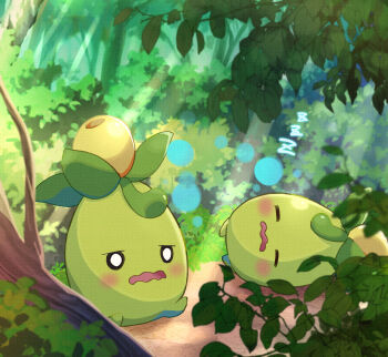 blush bubble closed_eyes commentary_request day forest haru_(haruxxe) highres light_rays lying nature nintendo no_humans o_o on_side open_mouth outdoors pokemon pokemon_(creature) sleeping smoliv tree wavy_mouth zzz