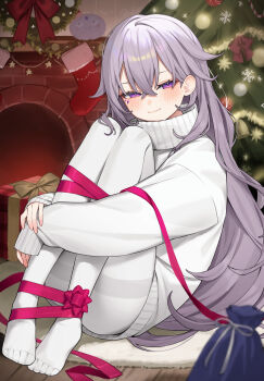 1girl absurdres aotake_iro bound bound_legs christmas_tree closed_mouth commentary double-parted_bangs fireplace gem grey_hair hair_flaps highres hololive hololive_english indoors jewel_under_eye knees_up koseki_bijou long_hair looking_at_viewer no_pants no_shoes pantyhose purple_eyes purple_gem ribbon sitting sleeves_past_wrists smile solo sweater symbol-only_commentary thighband_pantyhose turtleneck turtleneck_sweater very_long_hair virtual_youtuber white_pantyhose white_sweater