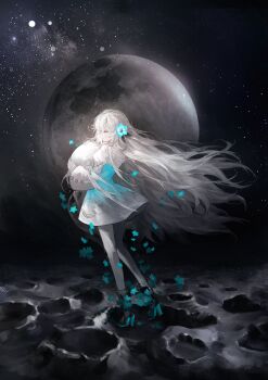 Rule 34 | 1girl, absurdres, boots, closed eyes, dress, expressionless, flower, full body, hair flower, hair ornament, hashtag-only commentary, high heel boots, high heels, highres, holding moon, isekaijoucho, juejianyami, kamitsubaki studio, long hair, moon, pantyhose, solo, space, star (sky), very long hair, white hair, white pantyhose