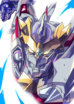 Rule 34 | absurdres, armor, battle, clenched hands, commentary, daison, fighting, glowing, glowing eyes, gridman (character), gridman (ssss), gridman universe, gridman universe (movie), gridman universe fighter, highres, incoming attack, incoming punch, no humans, punching, science fiction, tokusatsu, yellow eyes, zooming in