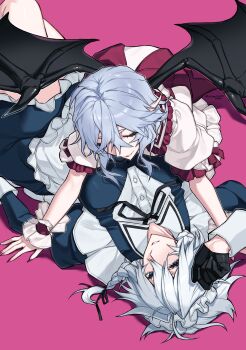 2girls absurdres apron bat_wings black_gloves blue_dress blue_eyes blue_hair blush braid closed_eyes closed_mouth commentary_request dress expressionless frills gloves half_gloves highres himadera izayoi_sakuya long_sleeves looking_at_another lying maid maid_apron maid_headdress multiple_girls nail_polish on_back parted_lips pink_background pointy_ears red_nails remilia_scarlet short_sleeves smile touhou twin_braids twitter_username vampire white_dress white_hair wings wrist_cuffs
