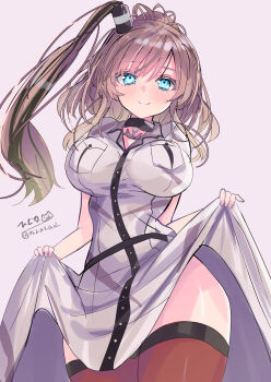 Rule 34 | 1girl, absurdres, blue eyes, blush, breast pocket, breasts, brown hair, commentary request, dress, gloves, hair between eyes, hair ornament, high side ponytail, highres, hizaka, kantai collection, large breasts, long hair, looking at viewer, pocket, ponytail, purple background, red thighhighs, saratoga (kancolle), saratoga mk ii (kancolle), side ponytail, skirt hold, smile, smokestack, smokestack hair ornament, thighhighs, white dress