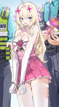 1girl 2boys absurdres arrest bare_shoulders blonde_hair blue_background blue_eyes blue_pants blue_shirt blush bow bowtie breasts cleavage commentary_request cowboy_shot cuffs dduck_kong detached_collar dress elbow_gloves gloves gluteal_fold hair_ornament handcuffs head_out_of_frame heavy_breathing high-waist_pants highres holding holding_wand long_hair long_sleeves magical_girl multiple_boys open_mouth original panties pants pink_bow pink_bowtie pink_dress police police_badge police_uniform shirt simple_background sweatdrop thighhighs torn_clothes torn_thighhighs underwear vest wand white_bow white_gloves white_panties white_thighhighs yellow_vest