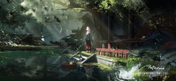 1girl asteroid_ill commentary_request day forest fox_mask geta hakama highres holding holding_polearm holding_weapon japanese_clothes kimono mask mask_on_head miko nature original outdoors polearm purple_hair red_hakama ruins scenery solo spear stairs sunlight tengu-geta tree water weapon white_kimono wide_shot