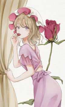1girl alternate_costume blonde_hair dress flower hair_between_eyes hat highres holding holding_flower maribel_hearn medium_hair mob_cap multicolored_eyes open_mouth poteimo_(poteimo622) purple_dress purple_eyes rose short_sleeves simple_background smelling smelling_flower standing tagme touhou two-tone_eyes white_background white_hat yellow_eyes