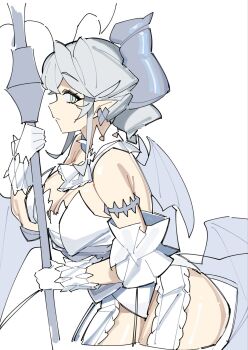 1girl bare_shoulders breasts cleavage demon_horns demon_wings detached_sleeves dress earrings garter_straps gloves grey_eyes grey_hair highres holding holding_polearm holding_weapon horns itoama_030 jewelry large_breasts lovely_labrynth_of_the_silver_castle polearm single_earring weapon white_dress white_gloves wings yu-gi-oh!