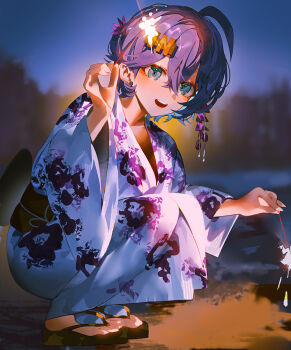 1girl ahoge belle_(zenless_zone_zero) blue_eyes blue_hair blurry blurry_background collarbone commentary_request highres holding holding_fireworks indol japanese_clothes kimono looking_at_viewer outdoors short_hair solo squatting tabi toes white_kimono wide_sleeves zenless_zone_zero
