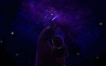 1boy 1girl black_sailor_collar black_skirt brown_hair coat collared_coat commentary_request danganronpa_(series) danganronpa_v3:_killing_harmony dark fireflies harukawa_maki hiragi_rin layered_sleeves long_hair long_sleeves low_twintails meteor_shower momota_kaito night outdoors pink_coat pointing purple_hair purple_sky red_shirt sailor_collar school_uniform serafuku shirt shooting_star short_hair skirt sky space spiked_hair twintails upper_body