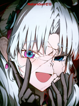 Rule 34 | 1girl, :d, absurdres, artist name, bags under eyes, black gloves, blue eyes, carlotta (wuthering waves), commentary, cracked kawaii mask, earrings, english commentary, gloves, hairband, hands up, highres, jewelry, long hair, looking at viewer, multicolored eyes, no pupils, open mouth, parted bangs, pink eyes, pink hairband, portrait, ryeon (naturesan), smile, solo, two-tone eyes, wuthering waves