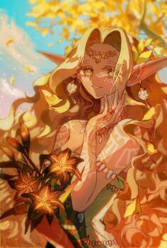 Rule 34 | 1girl, armlet, bags under eyes, bare shoulders, black flower, blonde hair, blurry, blurry background, body markings, breasts, cleavage, commentary request, dress, earrings, facial mark, falling leaves, flower, hand in own hair, jewelry, korean commentary, leaf, long hair, medium breasts, nintendo, outdoors, parted bangs, parted lips, pointy ears, ring, seusojeldaleul-wihaejug-eum, solo, sonia (zelda), strapless, strapless dress, sundelion, the legend of zelda, the legend of zelda: tears of the kingdom, white nails