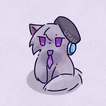 Rule 34 | animalization, beret, black hat, cat, commentary request, hat, highres, necktie, no humans, purple eyes, purple necktie, simple background, sitting, solo, urutsxkg, utane uta, utau