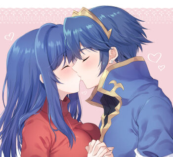 1boy 1girl awayuki_ramika blue_hair breast_press breasts caeda_(fire_emblem) closed_eyes commentary_request couple facing_another fire_emblem fire_emblem:_mystery_of_the_emblem from_side gloves hetero highres holding_hands interlocked_fingers kiss large_breasts long_hair marth_(fire_emblem) nintendo red_shirt shirt short_hair sidelocks smile tiara turtleneck turtleneck_shirt