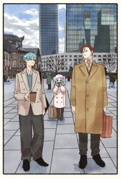 1girl 2boys black_pants blue_eyes blue_hair blue_scarf blue_sweater briefcase brown_coat brown_hair city coat collared_shirt commentary_request cup disposable_coffee_cup disposable_cup earrings eisen_(sousou_no_frieren) elf facial_hair frieren full_body grey_hair grey_jacket hair_between_eyes hero_of_the_south_(sousou_no_frieren) highres himmel_(sousou_no_frieren) holding holding_briefcase holding_cup jacket jewelry long_hair multiple_boys mustache neckerchief outdoors pants parted_bangs pointy_ears scarf shirt shirt_under_sweater short_hair sousou_no_frieren suitcase sweater takeuchi_ryousuke twintails white_coat white_shirt winter yellow_neckerchief