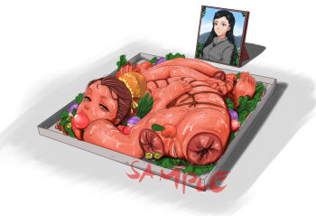 1girl anal anal_object_insertion ass barefoot black_hair cannibalism corpse garbage guro nude object_insertion original photo_(object) pussy smile snipemare25 solo tagme