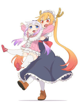 2girls :d :o beads black_dress blonde_hair blue_eyes blunt_bangs capelet carrying carrying_person commentary_request dated dragon_girl dragon_horns dress fang frilled_capelet frilled_dress frills full_body gloves gradient_hair hair_beads hair_ornament hairband highres horns kanna_kamui kobayashi-san_chi_no_maidragon light_purple_hair long_hair looking_at_another low_twintails maid maid_headdress multicolored_hair multiple_girls open_mouth orange_eyes outstretched_arms puffy_sleeves red_footwear samansa_ex simple_background skin_fang smile spread_arms standing thighhighs thighs tohru_(maidragon) twintails white_background white_gloves white_thighhighs