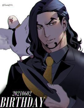 1boy bird black_hair black_jacket chromatic_aberration closed_mouth collared_shirt dated dove facial_hair foxvulpine goatee happy_birthday jacket looking_at_viewer male_focus mature_male necktie one_piece rob_lucci shirt sideburns simple_background solo upper_body v-shaped_eyebrows white_background