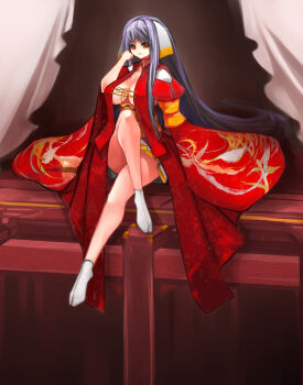 Rule 34 | 1girl, breasts, cleavage, crossed legs, female focus, huge breasts, japanese clothes, kimono, lace, legs, long hair, long legs, open clothes, open robe, original, pixiv fantasia, pixiv fantasia 1, pupps, purple hair, red eyes, robe, sitting, socks, solo, tabi, thighs, very long hair