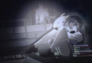 1boy 1other aged_down aotsuki_eito black_gloves black_shoes black_vest book book_stack commentary dark_room eyelashes glasses gloves grey_eyes grey_hair holding holding_stuffed_toy indoors male_focus on_floor scared shaded_face shirt shoes short_hair shorts signature sitting socks stuffed_animal stuffed_goat stuffed_toy symbol-only_commentary the_hundred_line_-last_defense_academy- vest vixlune white_shirt white_shorts white_socks