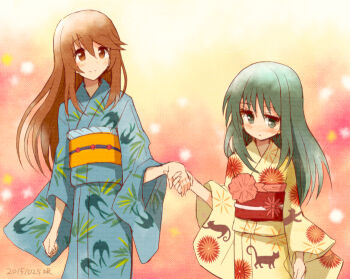 Rule 34 | 10s, 2girls, animal print, bird print, blush, brown eyes, brown hair, cat print, green eyes, green hair, holding hands, japanese clothes, kimono, long hair, long sleeves, looking away, minashiro orihime, multiple girls, sakaki tsui, sidelocks, soukyuu no fafner, tatekami seri, wide sleeves, yukata, yuri