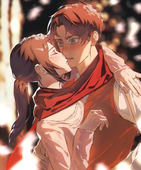 1boy 1girl abglmdg absurdres arm_around_neck black_hair blurry blurry_background blush brown_hair christmas_lights closed_eyes commentary couple eren_yeager facial_scar green_eyes hetero highres kiss long_hair mikasa_ackerman parted_bangs parted_lips pink_shirt ponytail red_scarf red_vest scar scar_on_cheek scar_on_face scarf shared_clothes shared_scarf shingeki_no_kyojin shirt short_hair symbol-only_commentary undershirt upper_body vest white_shirt