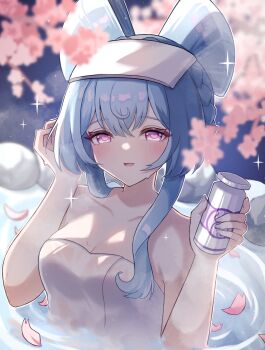 Rule 34 | 1girl, blue hair, blush, breasts, cleavage, collarbone, commentary request, fingernails, genshin impact, hair between eyes, hands up, highres, holding, long hair, looking at viewer, mako (cvyt5325), medium breasts, nail polish, naked towel, nihongami, onsen, parted lips, partially submerged, purple eyes, purple nails, solo, symbol-shaped pupils, towel, upper body, water, wet, yumemizuki mizuki