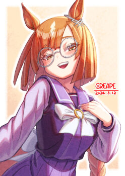 animal_ears blush bow bowtie braid braided_ponytail breasts brown_hair commentary_request creape ear_ornament glasses grey-framed_eyewear highres horse_ears horse_girl horse_tail ikuno_dictus_(umamusume) long_hair long_sleeves looking_at_viewer multicolored_hair open_mouth pleated_skirt purple_sailor_collar purple_serafuku purple_shirt purple_skirt round_eyewear sailor_collar sailor_shirt school_uniform serafuku shirt skirt smile tail teeth tracen_school_uniform umamusume upper_teeth_only white_bow white_bowtie