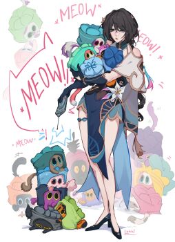 1girl animal_hands aqua_dress aqua_eyes bead_necklace beads black_hair chinese_clothes clothing_cutout commentary controller cake_cat_(honkai:_star_rail) dna dress english_commentary floral_print flower gloves hair_ornament high_heels highres honkai:_star_rail honkai_(series) jewelry lokk1_png long_hair necklace remote_control ruan_mei_(honkai:_star_rail) speech_bubble tail tassel thigh_strap