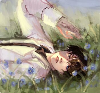 1boy 9158mimo arm_up black_hair black_shirt blue_eyes coat commentary english_commentary flower forget-me-not_(flower) grass hand_up highres kim_dokja looking_at_viewer lying male_focus meadow omniscient_reader&#039;s_viewpoint on_back open_clothes open_coat outdoors parted_lips shirt short_hair solo sunlight upper_body white_coat