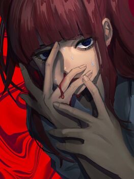 1girl blood blood_on_face blood_on_hands blue_eyes long_hair nasu_(nasuotabe) nosebleed red_background red_hair scared shirt solo sweat sweatdrop twintails two_side_up umineko_no_naku_koro_ni ushiromiya_ange white_shirt