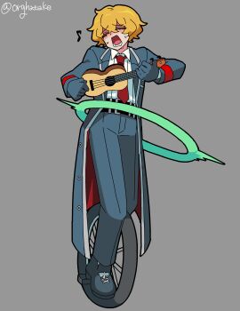 1boy absurdres belt black_belt black_coat black_gloves black_shoes blonde_hair closed_eyes coat collared_shirt crying gloves highres instrument kekeken lapels limbus_company music necktie notched_lapels open_mouth playing_instrument playing_ukulele project_moon red_necktie shirt shoes sinclair_(project_moon) solo ukulele unicycle white_shirt