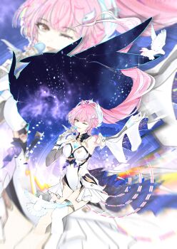 Rule 34 | 1girl, ;d, absurdres, aemeath (wuthering waves), ahoge, animal, arm up, armpits, bird, black bow, black bowtie, blue outline, blue tattoo, bow, bowtie, bracelet, breasts, chest tattoo, chromatic aberration, cleavage, cropped legs, detached collar, double exposure, dove, elbow gloves, exostrider (wuthering waves), gears, glitch, gloves, gold thighlet, hair ornament, halo, halo behind head, hand up, heart, heart tattoo, high ponytail, highres, holding, holding microphone, jewelry, leotard, lililili koi, long hair, looking at viewer, lossy-lossless, mecha pilot suit, medium breasts, microphone, multiple bracelets, one eye closed, open mouth, orange eyes, outline, pink hair, ponytail, showgirl skirt, silhouette, single thighhigh, sky, smile, solo, sparkle, star (sky), starry sky, strapless, strapless leotard, tacet mark (wuthering waves), tattoo, thigh gap, thighhighs, thighlet, variant set, very long hair, whipping hair, white bird, white gloves, white halo, white leotard, wuthering waves, zoom layer