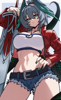 1girl absurdres arknights belt black_belt blue_shorts breasts commentary cosplay denim denim_shorts dryegen fate/apocrypha fate_(series) fingernails green_nails grey_hair hand_on_own_hip head_wings highres ho&#039;olheyak_(arknights) jacket large_breasts looking_at_viewer midriff mordred_(fate) mordred_(fate/apocrypha) mordred_(fate/apocrypha)_(cosplay) nail_polish navel open_clothes open_jacket red_jacket shorts snake_tail solo tail wings