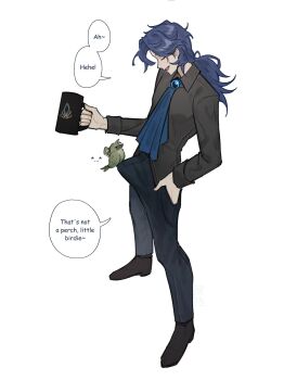 1boy ascot bird black_pants black_shirt blue_ascot blue_hair bulge chesed_(project_moon) collared_shirt commentary cup english_commentary english_text erection erection_under_clothes full_body highres holding holding_cup library_of_ruina meme netzach_(project_moon) pants parody project_moon shirt simple_background speech_bubble suyapuya white_background