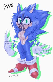 artist_name blue_fur chain character_name claws coraeli furry glitch gloves green_eyes high_heels highres looking_at_viewer muzzle_(mask) navel open_hand ping_(coraeli) smile sonic.exe sonic_(series) sonic_the_hedgehog thighhighs virus white_gloves
