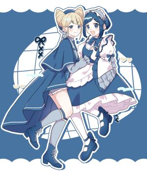 2girls :d alternate_costume blonde_hair blue_dress blue_hair blue_shoes blue_socks blue_theme cone_hair_bun double_bun dress frilled_dress frilled_sleeves frills fukurai_azami full_body hair_bun highres holding_hands interlocked_fingers jasmine_(toshi_densetsu_kaitai_center) juliet_sleeves kahuka25 limited_palette long_sleeves looking_at_viewer multiple_girls open_mouth pantyhose puffy_sleeves shoes short_hair smile socks standing standing_on_one_leg toshi_densetsu_kaitai_center white_pantyhose